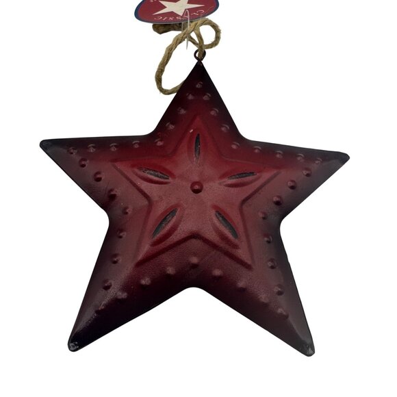 Red Rustic Metal Star Ornament With Rope Hanger Classic American Style Farmhouse - Picture 3 of 3